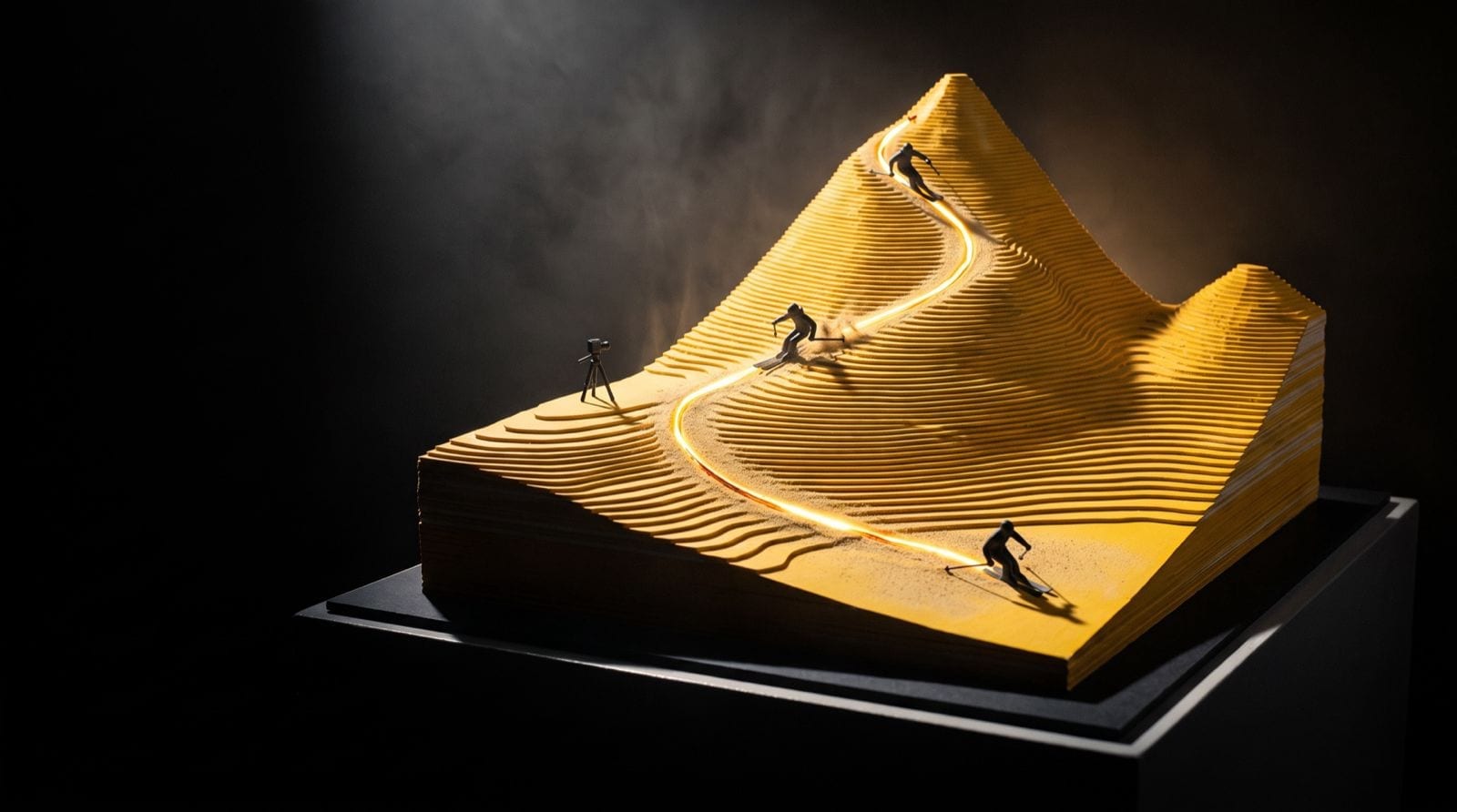 A yellow model mountain with a lit ski run and tiny skiers